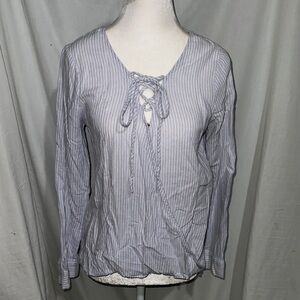 white & light blue striped Lucky Brand long sleeve blouse size xs